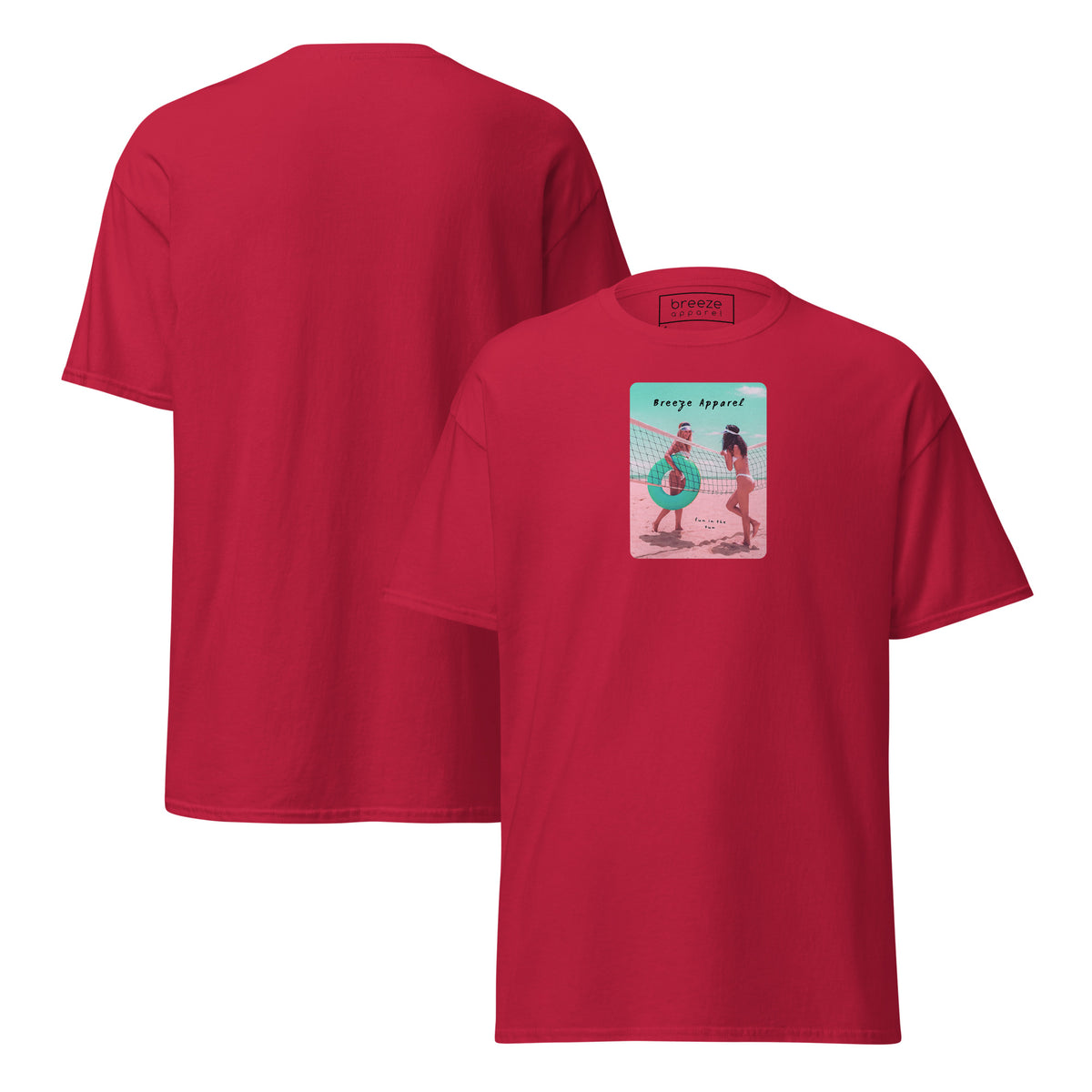 Red t-shirt with graphic of two women on beach. Plain back also shown.
