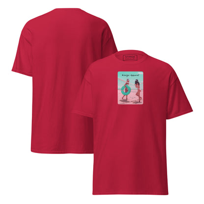 Red t-shirt with graphic of two women on beach. Plain back also shown.