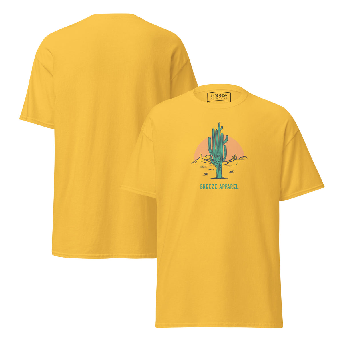 Daisy-yellow t-shirt with a graphic of a cactus and sunset, with 'Breeze Apparel' written in green below. Plain backside also shown.