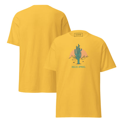 Daisy-yellow t-shirt with a graphic of a cactus and sunset, with 'Breeze Apparel' written in green below. Plain backside also shown.