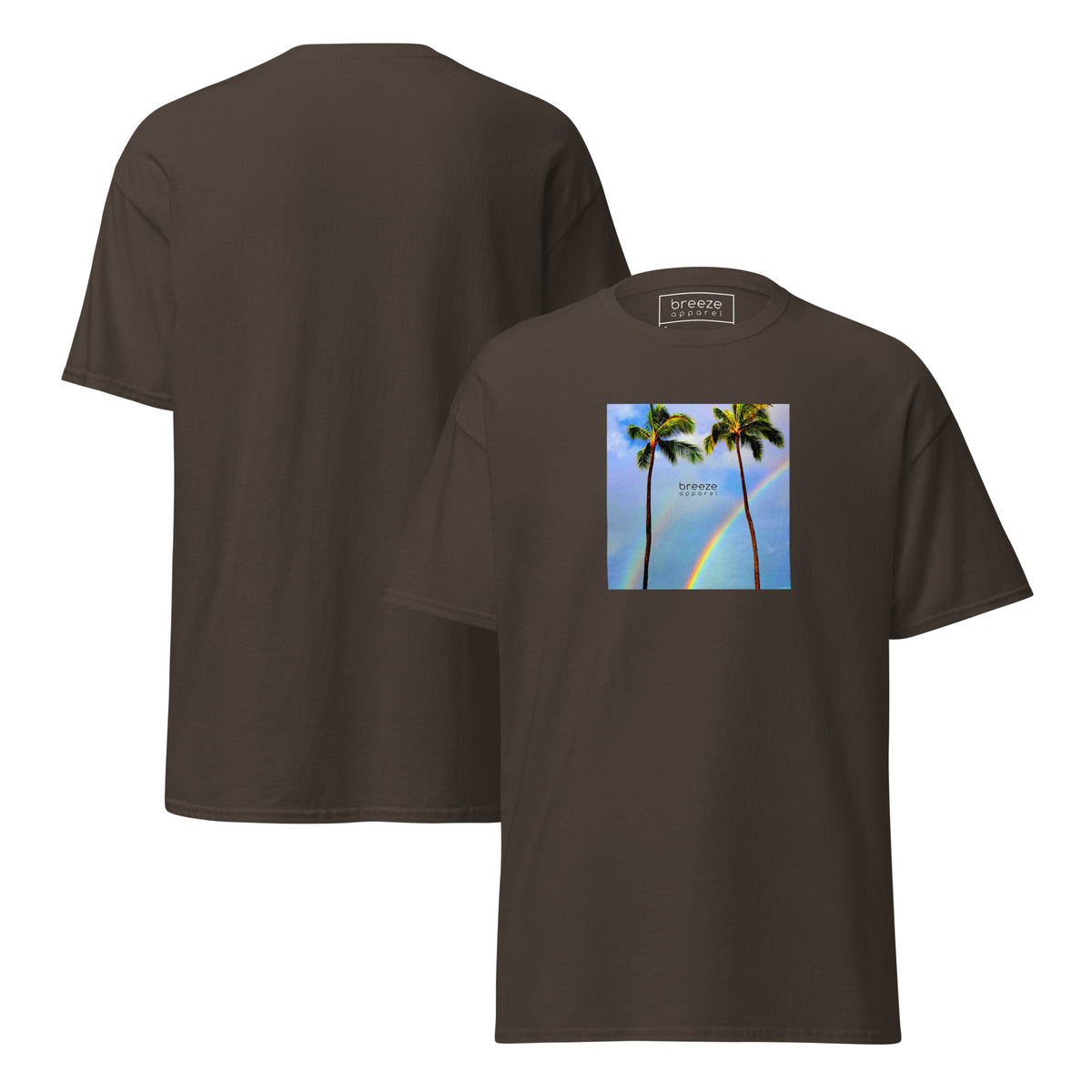 Brown t-shirt with a graphic of palm trees, rainbow, and a clear blue sky in the background. A small, black 'breeze apparel' logo is between the trees. Plain backside also shown.