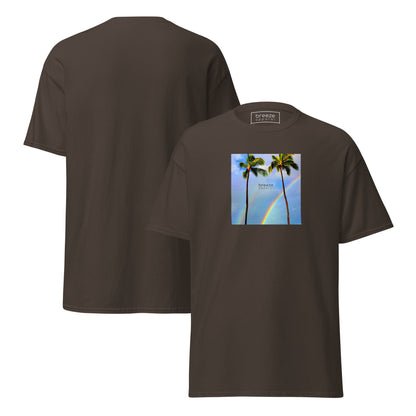 Brown t-shirt with a graphic of palm trees, rainbow, and a clear blue sky in the background. A small, black 'breeze apparel' logo is between the trees. Plain backside also shown.