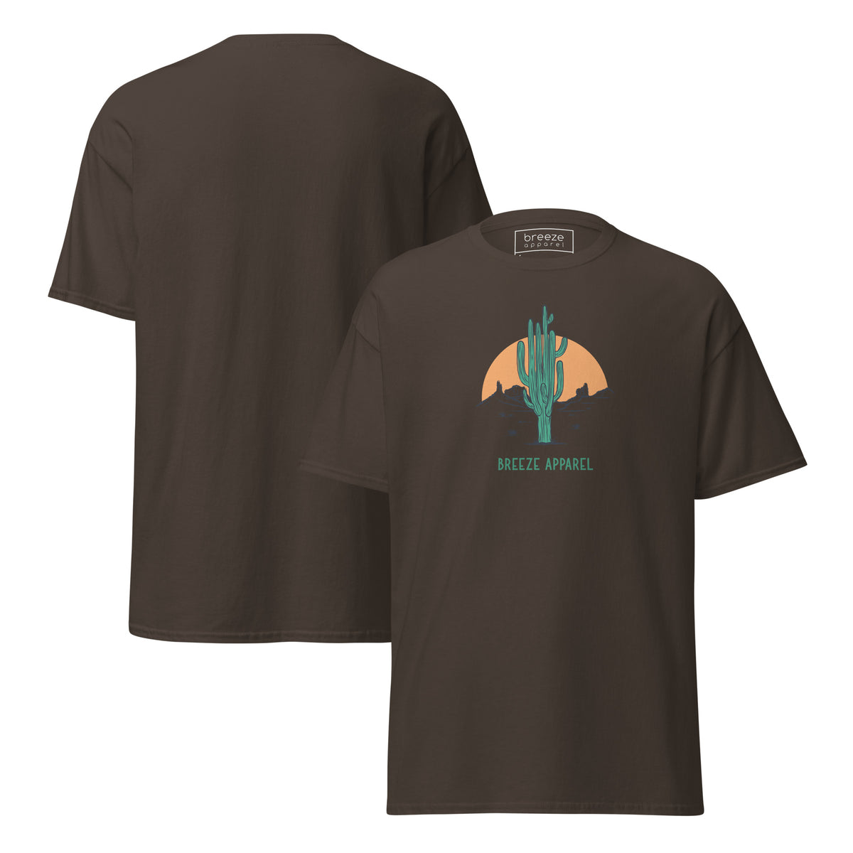 Brown t-shirt with a graphic of a cactus and sunset, with 'Breeze Apparel' written in green below. Plain backside also shown.