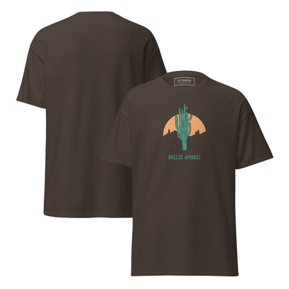 Brown t-shirt with a graphic of a cactus and sunset, with 'Breeze Apparel' written in green below. Plain backside also shown.
