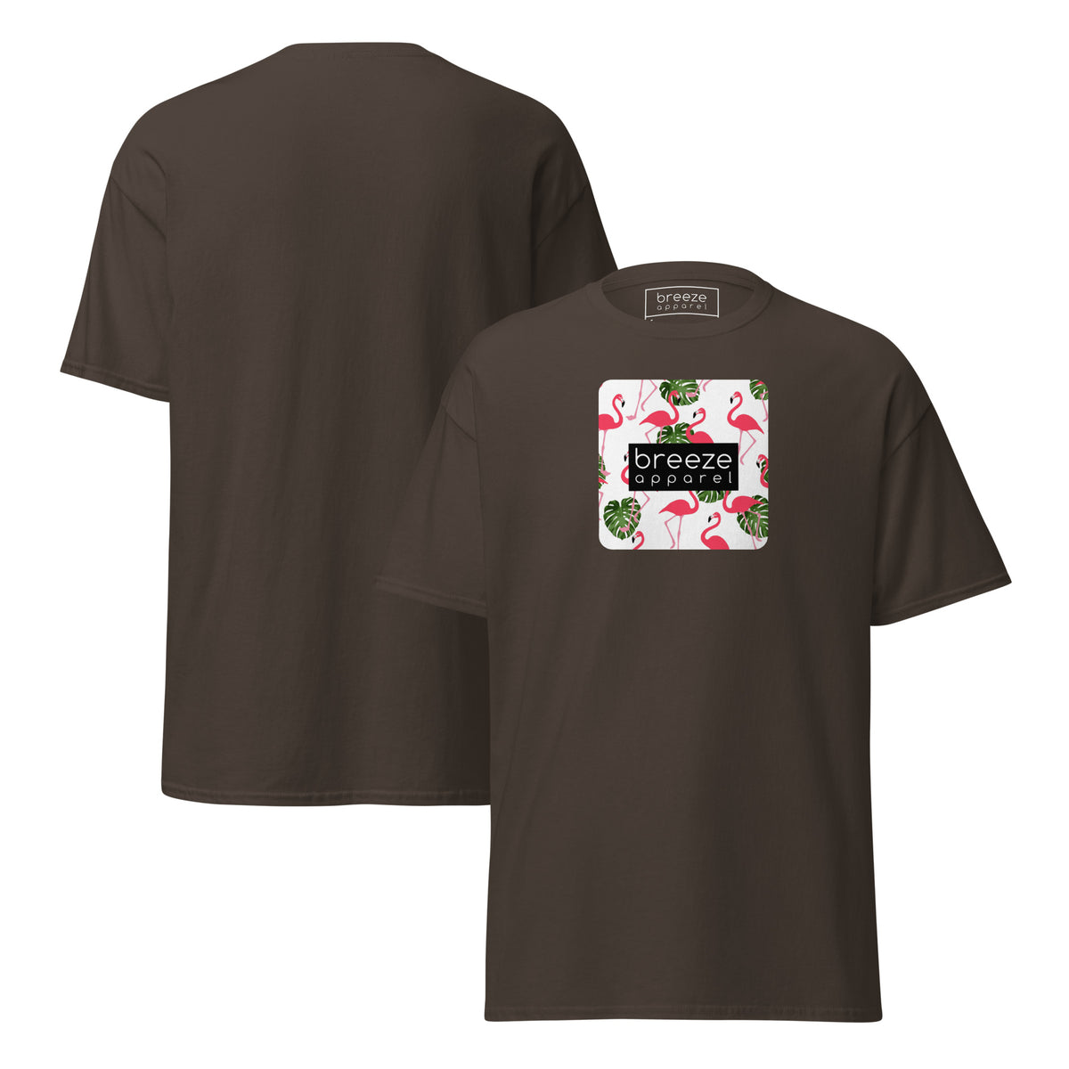 Brown t-shirt with pattern of flamingos inside of a square, overlaid with a black box with 'breeze apparel' in white inside. Plain backside also shown.