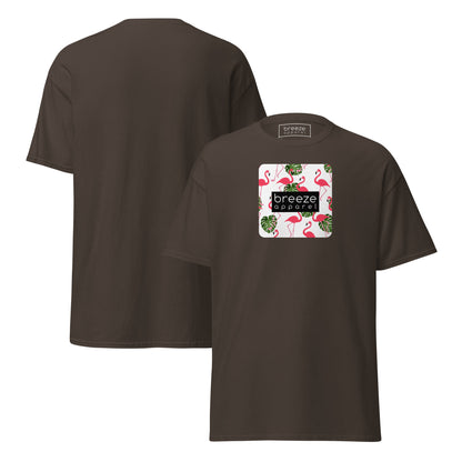 Brown t-shirt with pattern of flamingos inside of a square, overlaid with a black box with 'breeze apparel' in white inside. Plain backside also shown.