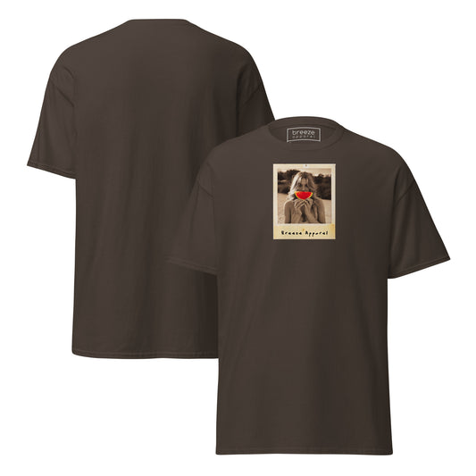 Brown t-shirt with graphic of woman holding a watermelon slice in front of her mouth. Plain back of shirt is also shown.