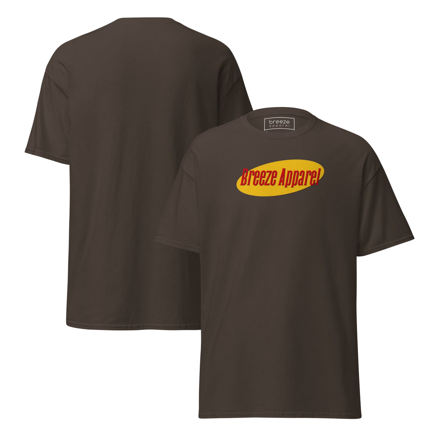 Brown t-shirt with graphic of 'Breeze Apparel' in red lettering over a yellow oval. Plain back also shown.