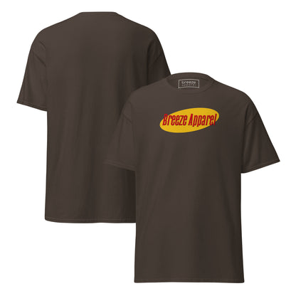 Brown t-shirt with graphic of 'Breeze Apparel' in red lettering over a yellow oval. Plain back also shown.