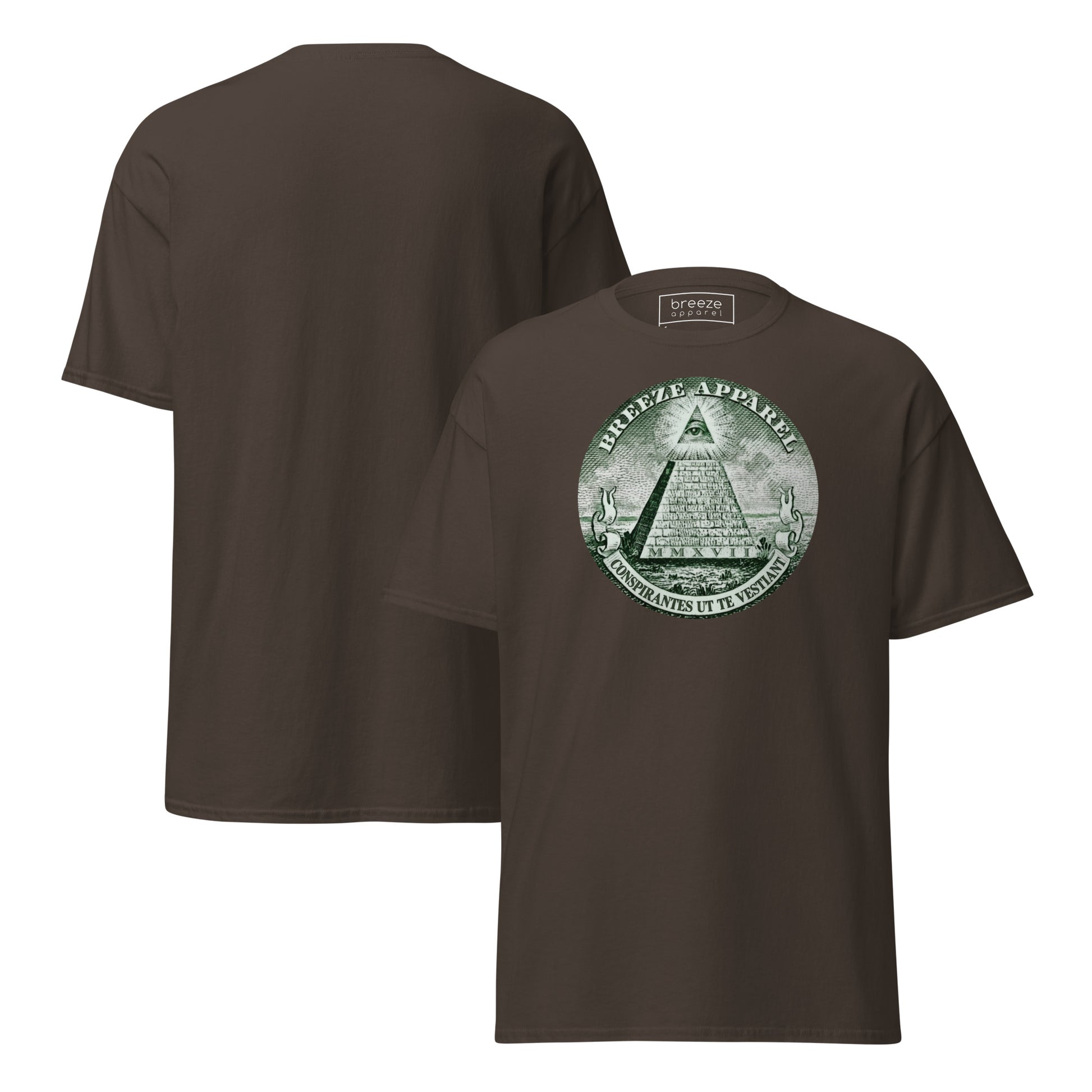 Brown t-shirt with graphic resembling pyramid from US one-dollar bill. Plain back of shirt also shown.