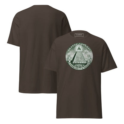 Brown t-shirt with graphic resembling pyramid from US one-dollar bill. Plain back of shirt also shown.