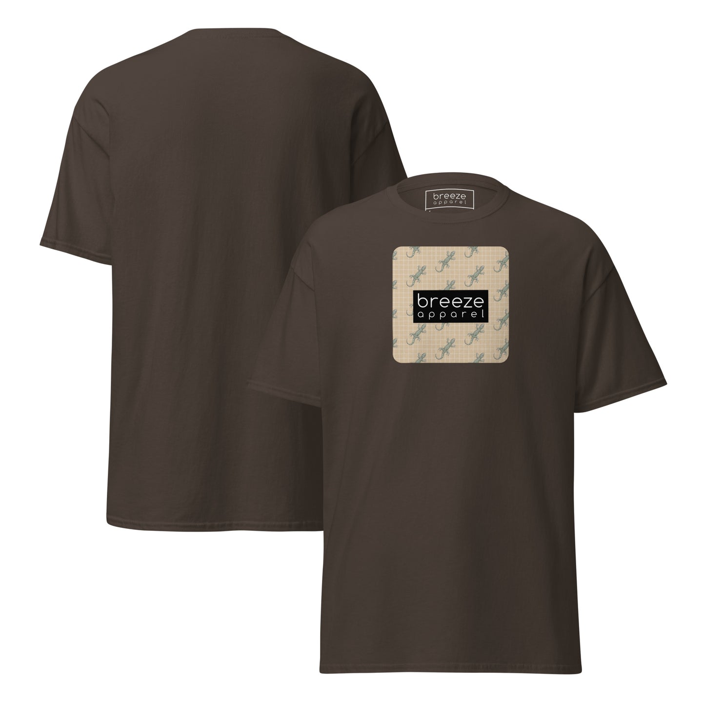 Brown t-shirt with square over chest that contains pattern of green geckos set on beige background, overlaid with black, rectangular logo with white lettering. Plain backside also shown.