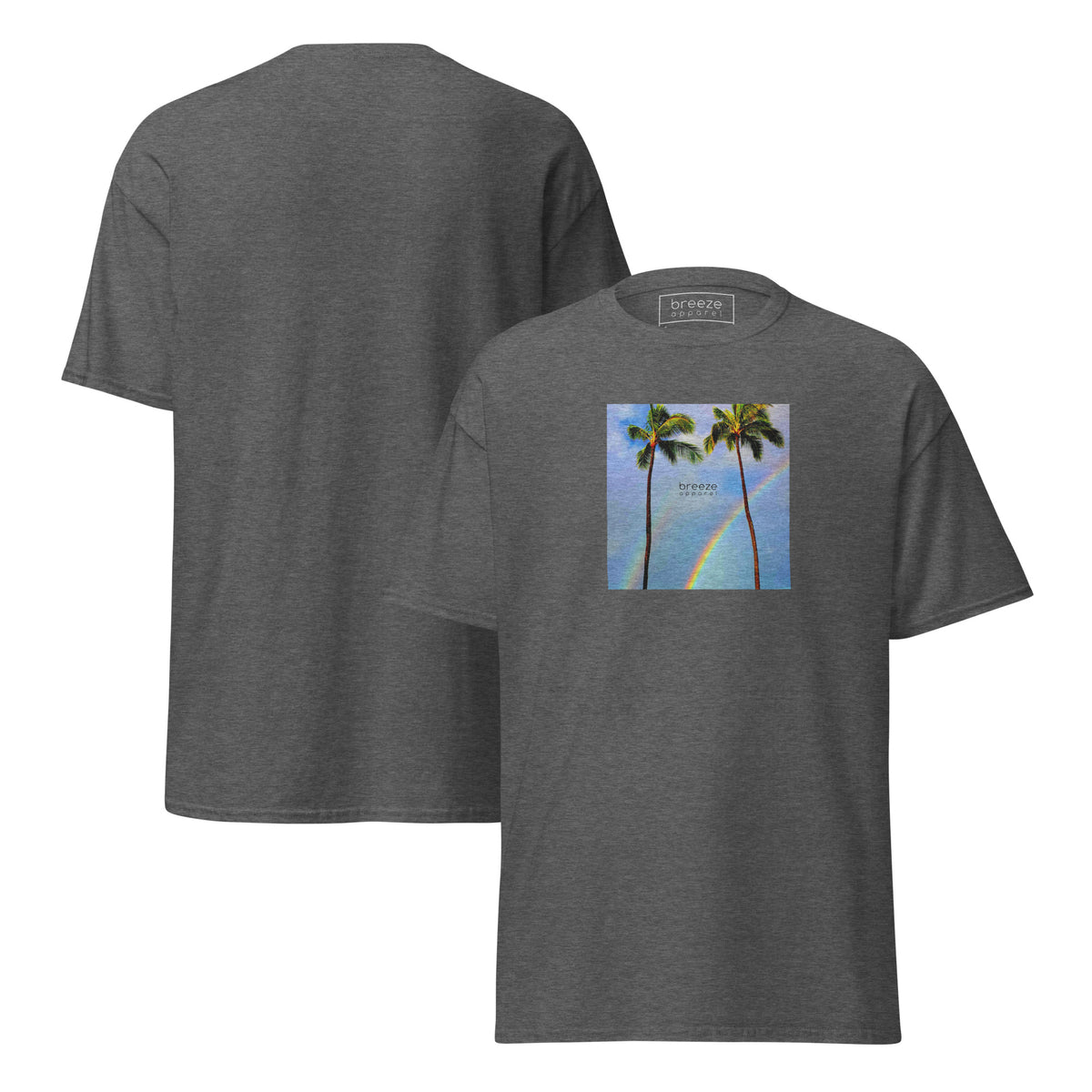 Dark-heather-gray t-shirt with a graphic of palm trees, rainbow, and a clear blue sky in the background. A small, black 'breeze apparel' logo is between the trees. Plain backside also shown.