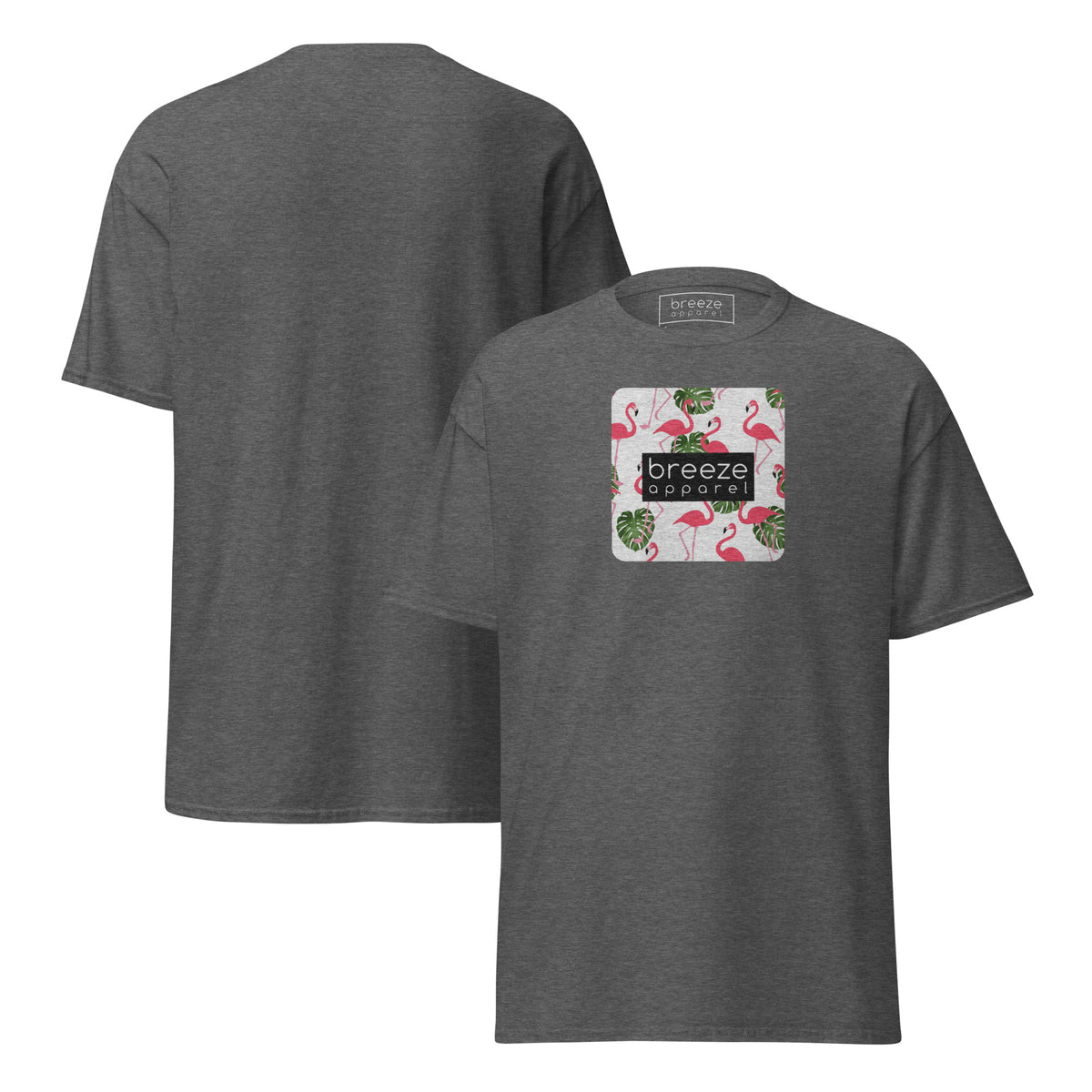 Dark-gray t-shirt with pattern of flamingos inside of a square, overlaid with a black box with 'breeze apparel' in white inside. Plain backside also shown.