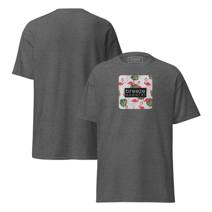 Dark-gray t-shirt with pattern of flamingos inside of a square, overlaid with a black box with 'breeze apparel' in white inside. Plain backside also shown.