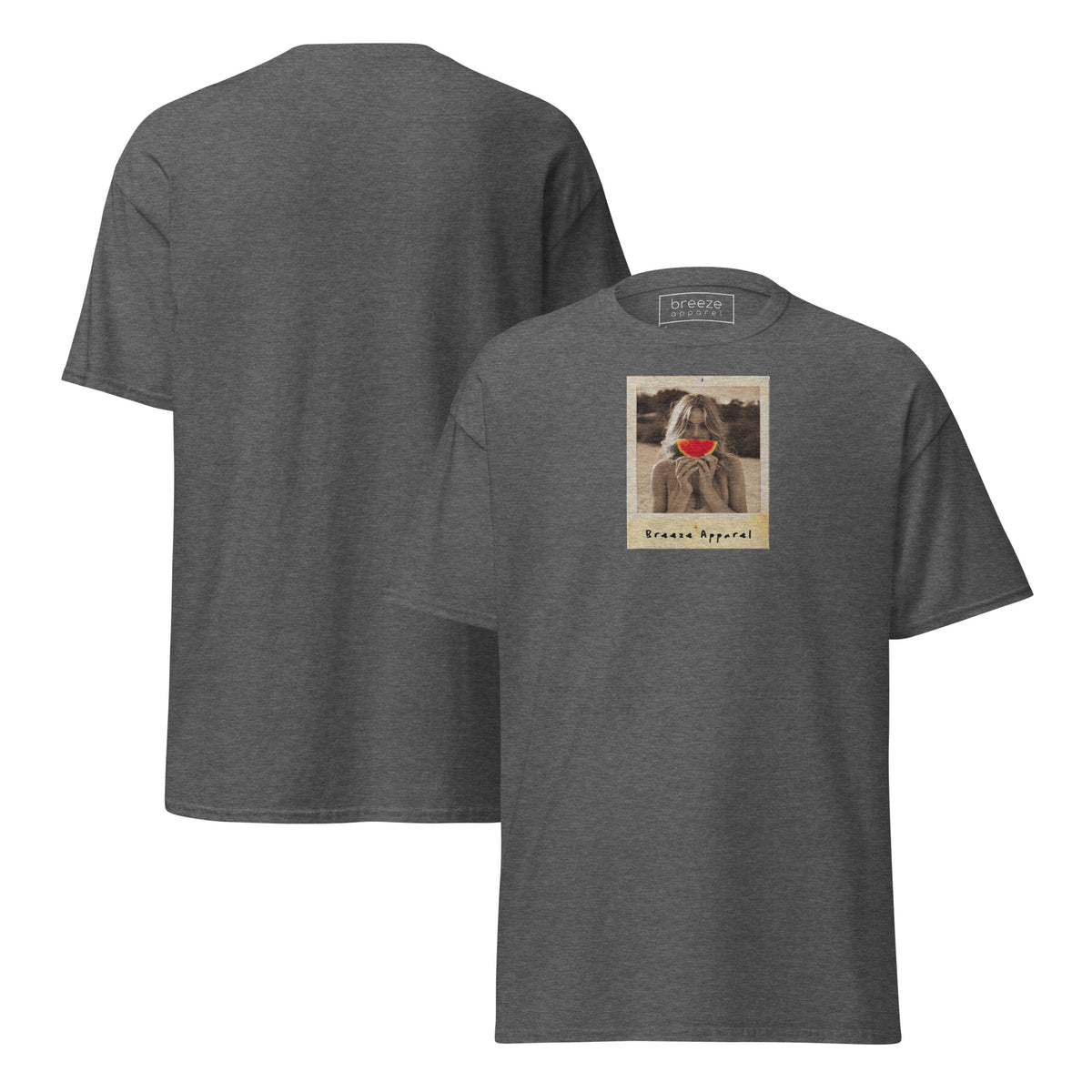 Dark-gray t-shirt with graphic of woman holding a watermelon slice in front of her mouth. Plain back of shirt is also shown.