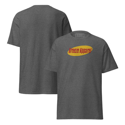 Gray t-shirt with graphic of 'Breeze Apparel' in red lettering over a yellow oval. Plain back also shown.