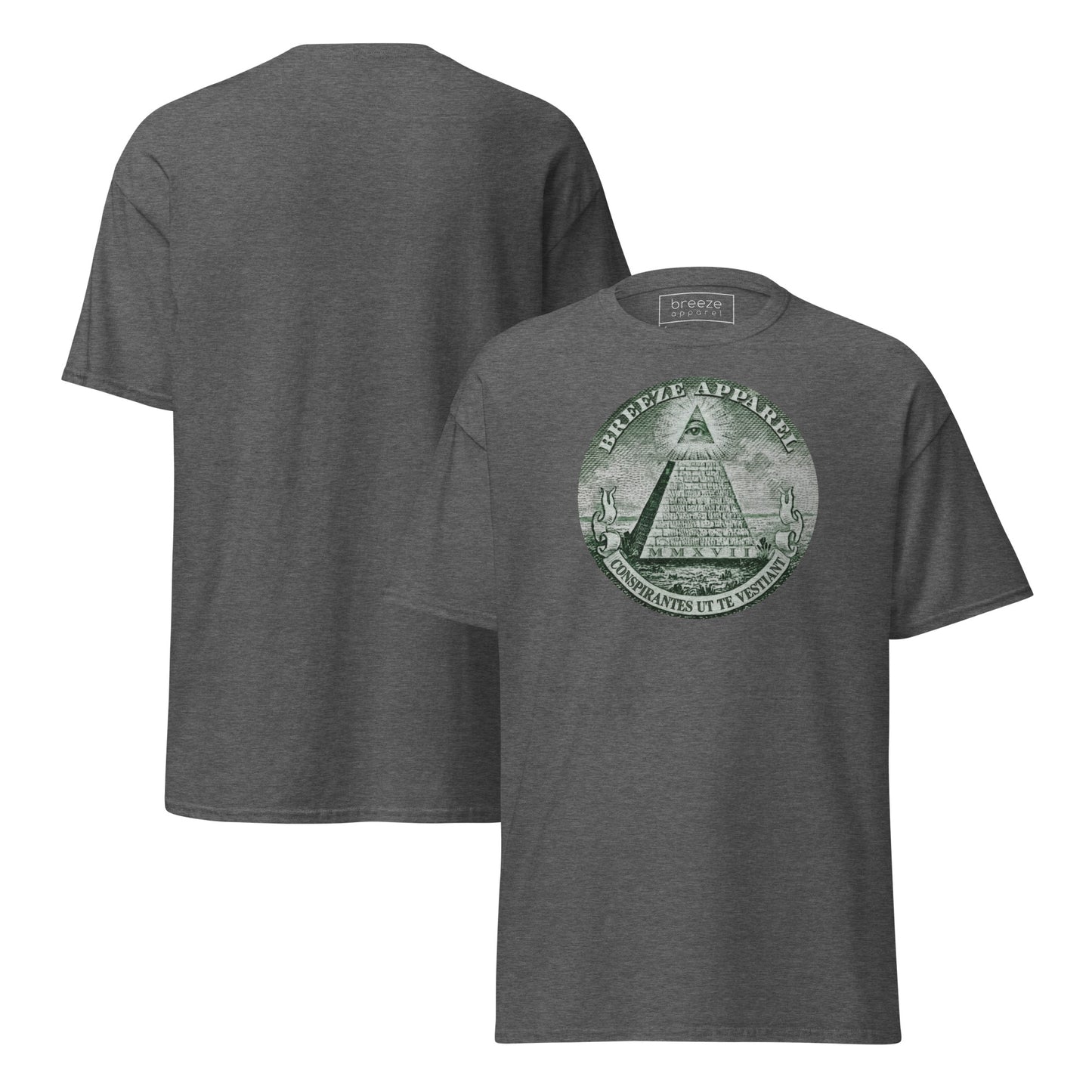 Gray t-shirt with graphic resembling pyramid from US one-dollar bill. Plain back of shirt also shown.