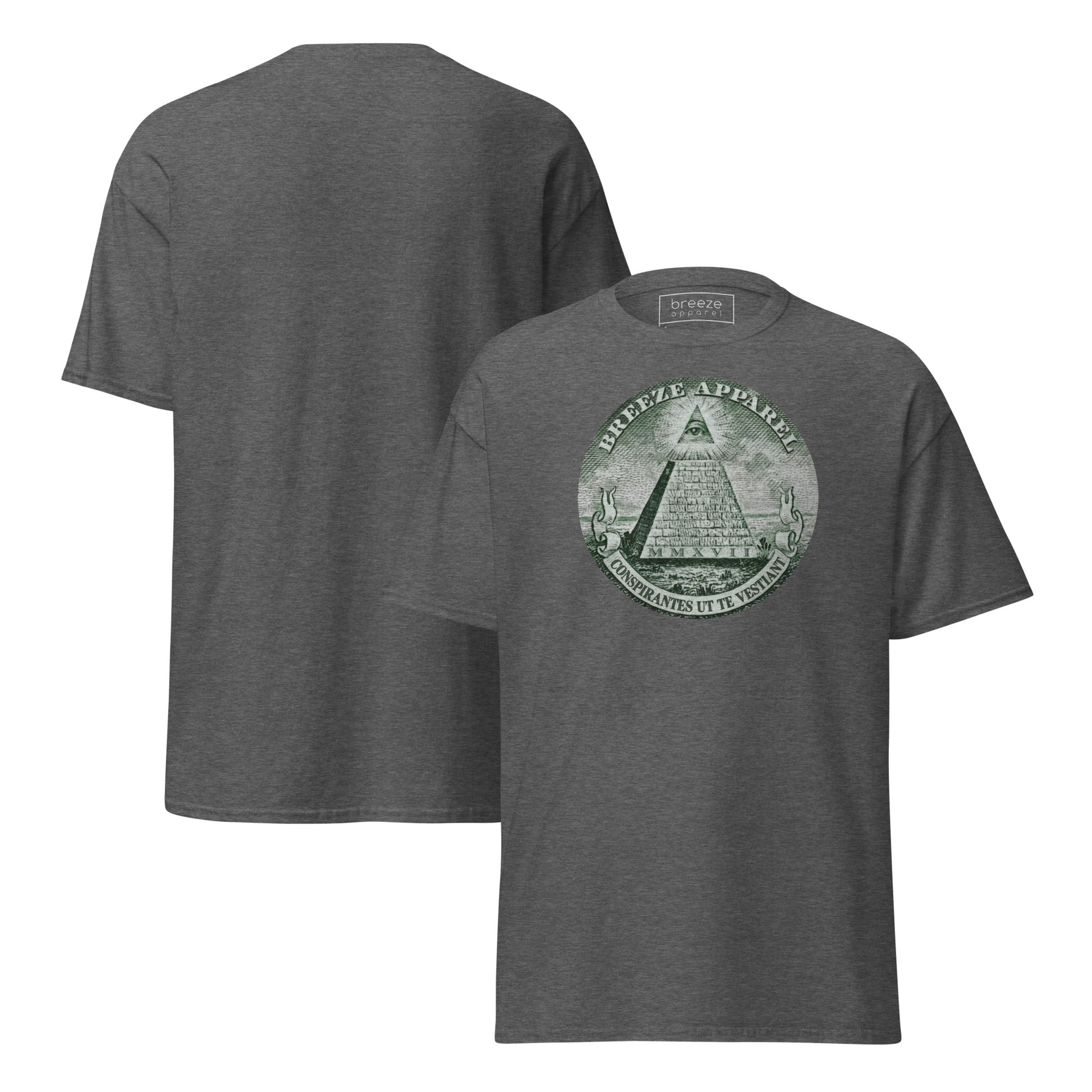 Gray t-shirt with graphic resembling pyramid from US one-dollar bill. Plain back of shirt also shown.