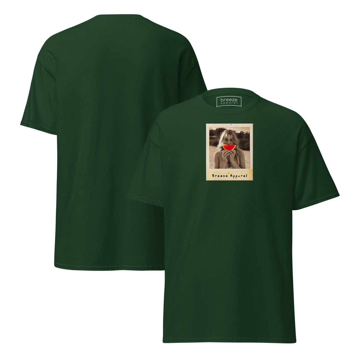 Forest-green t-shirt with graphic of woman holding a watermelon slice in front of her mouth. Plain back of shirt is also shown.