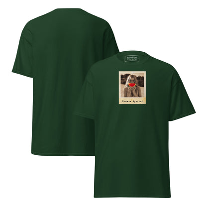 Forest-green t-shirt with graphic of woman holding a watermelon slice in front of her mouth. Plain back of shirt is also shown.
