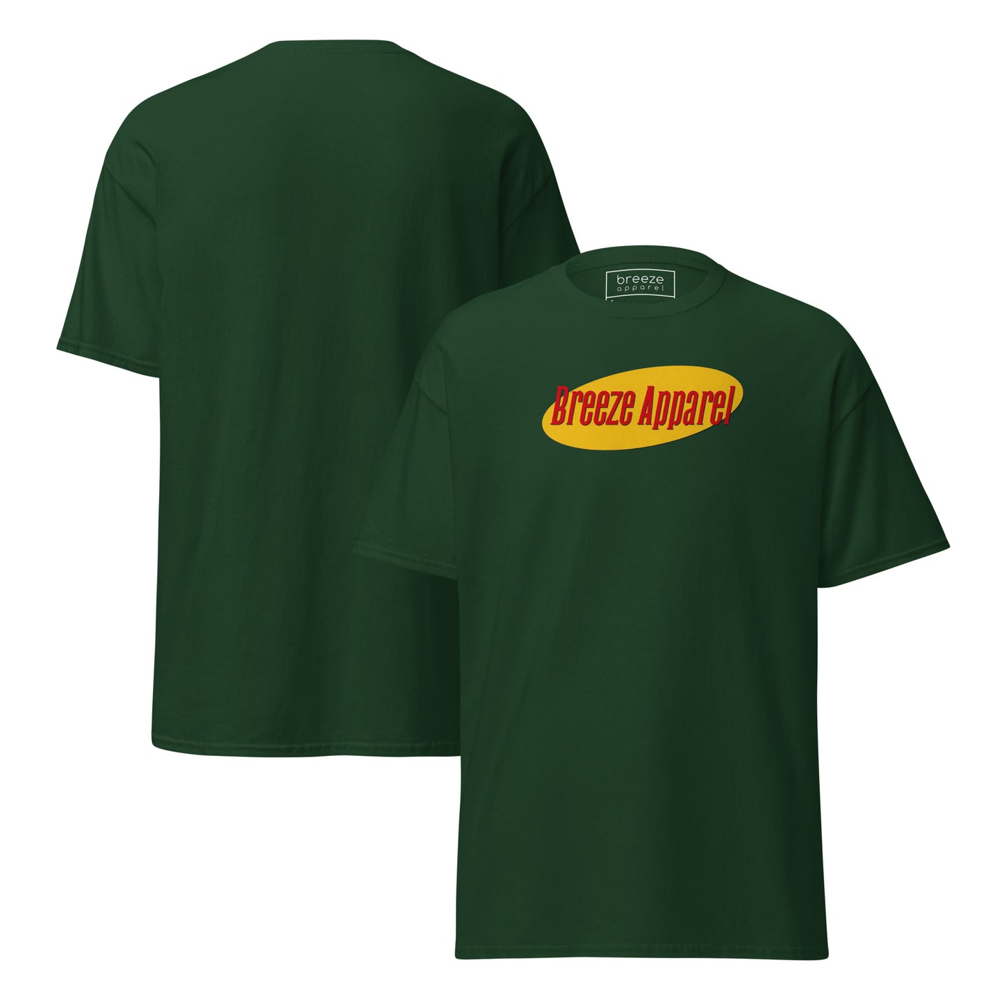 Green t-shirt with graphic of 'Breeze Apparel' in red lettering over a yellow oval. Plain back also shown.