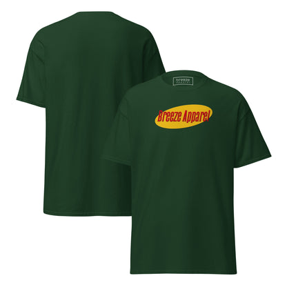 Green t-shirt with graphic of 'Breeze Apparel' in red lettering over a yellow oval. Plain back also shown.