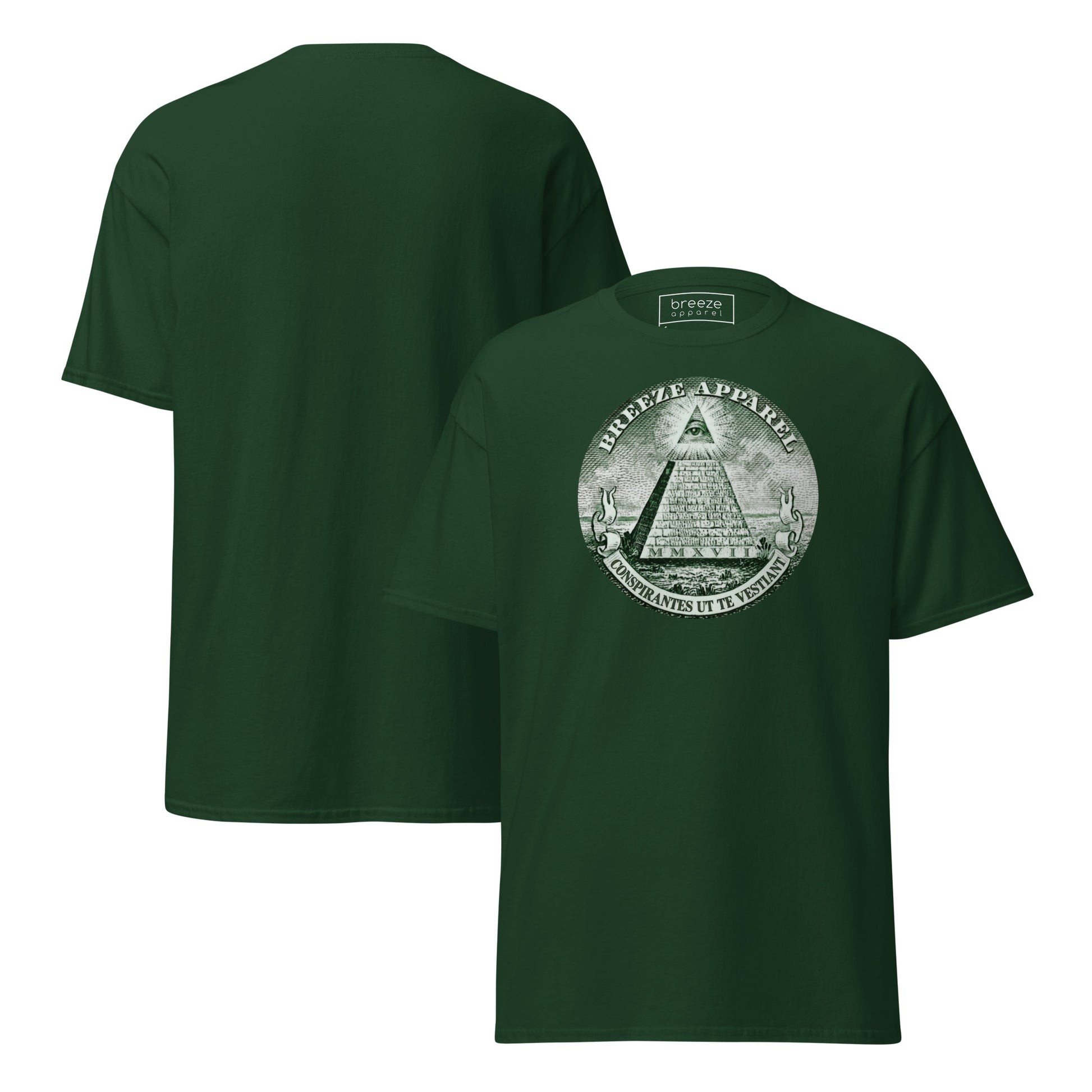Green t-shirt with graphic resembling pyramid from US one-dollar bill. Plain back of shirt also shown.