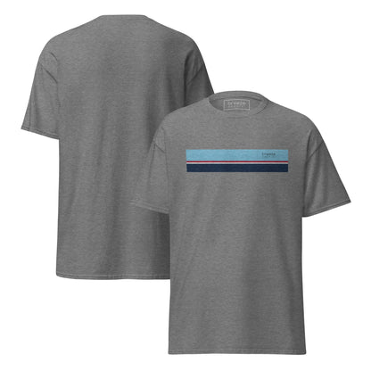 Graphite-heather-gray t-shirt with horizontal blue, red, white, and navy stripe with small black 'breeze apparel' logo. Plain backside also shown.