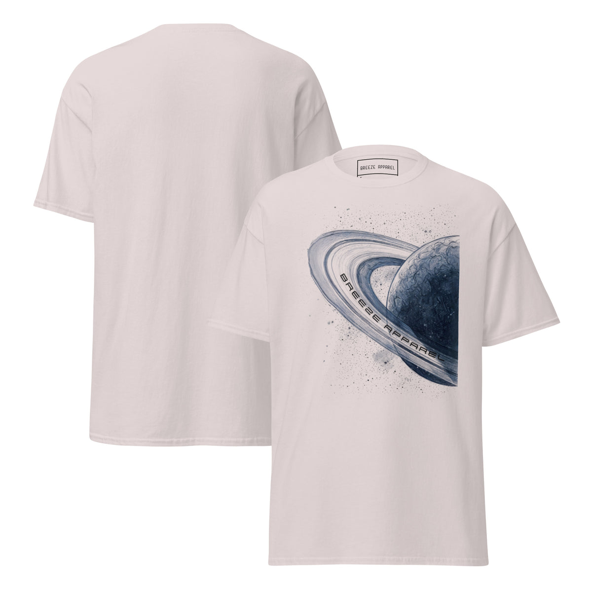 Light-gray t-shirt with graphic of blue planet. Plain back also shown.