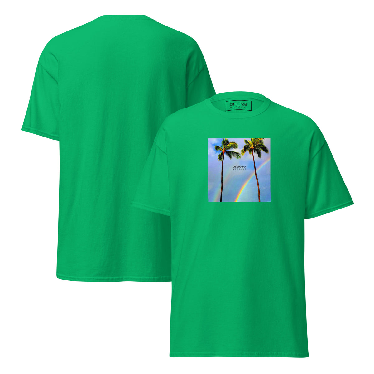 Irish-green t-shirt with a graphic of palm trees, rainbow, and a clear blue sky in the background. A small, black 'breeze apparel' logo is between the trees. Plain backside also shown.