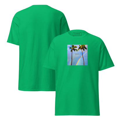 Irish-green t-shirt with a graphic of palm trees, rainbow, and a clear blue sky in the background. A small, black 'breeze apparel' logo is between the trees. Plain backside also shown.