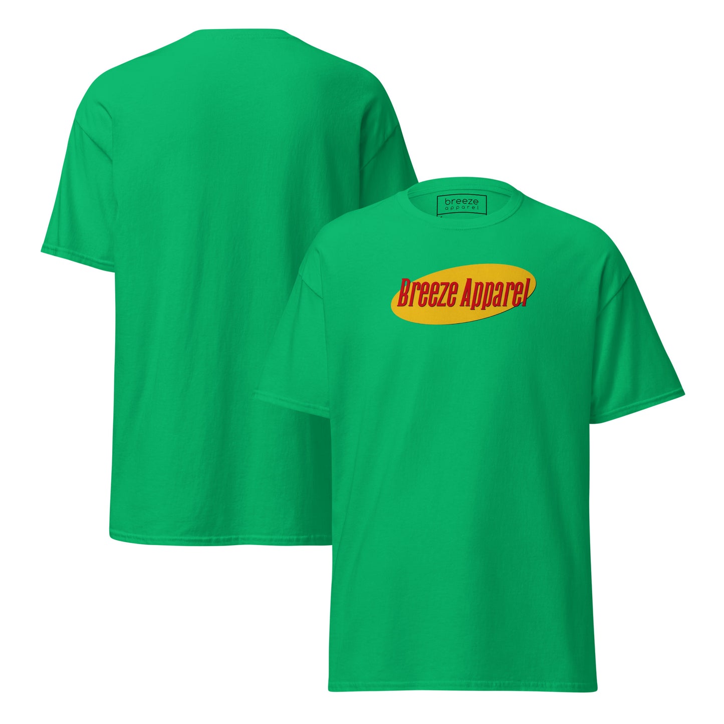 Green t-shirt with graphic of 'Breeze Apparel' in red lettering over a yellow oval. Plain back also shown.