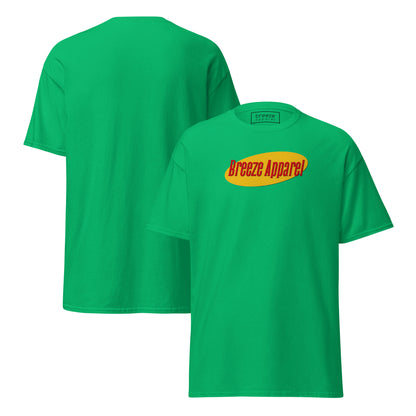 Green t-shirt with graphic of 'Breeze Apparel' in red lettering over a yellow oval. Plain back also shown.