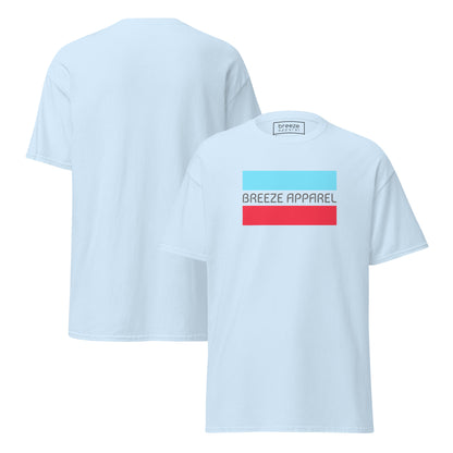 Light-blue t-shirt with gray 'Breeze Apparel' logo between horizontal bars, the top being light blue and the bottom being red. Plain backside also shown.