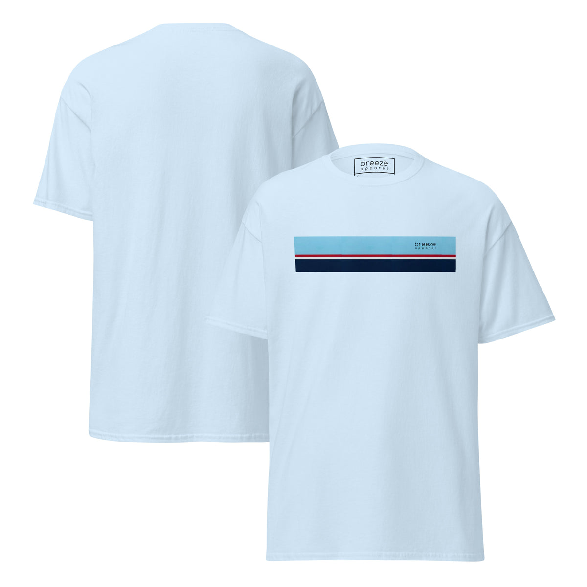 Light-blue t-shirt with horizontal blue, red, white, and navy stripe with small black 'breeze apparel' logo. Plain backside also shown.