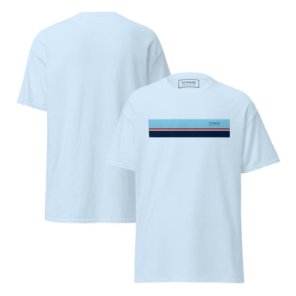 Light-blue t-shirt with horizontal blue, red, white, and navy stripe with small black 'breeze apparel' logo. Plain backside also shown.