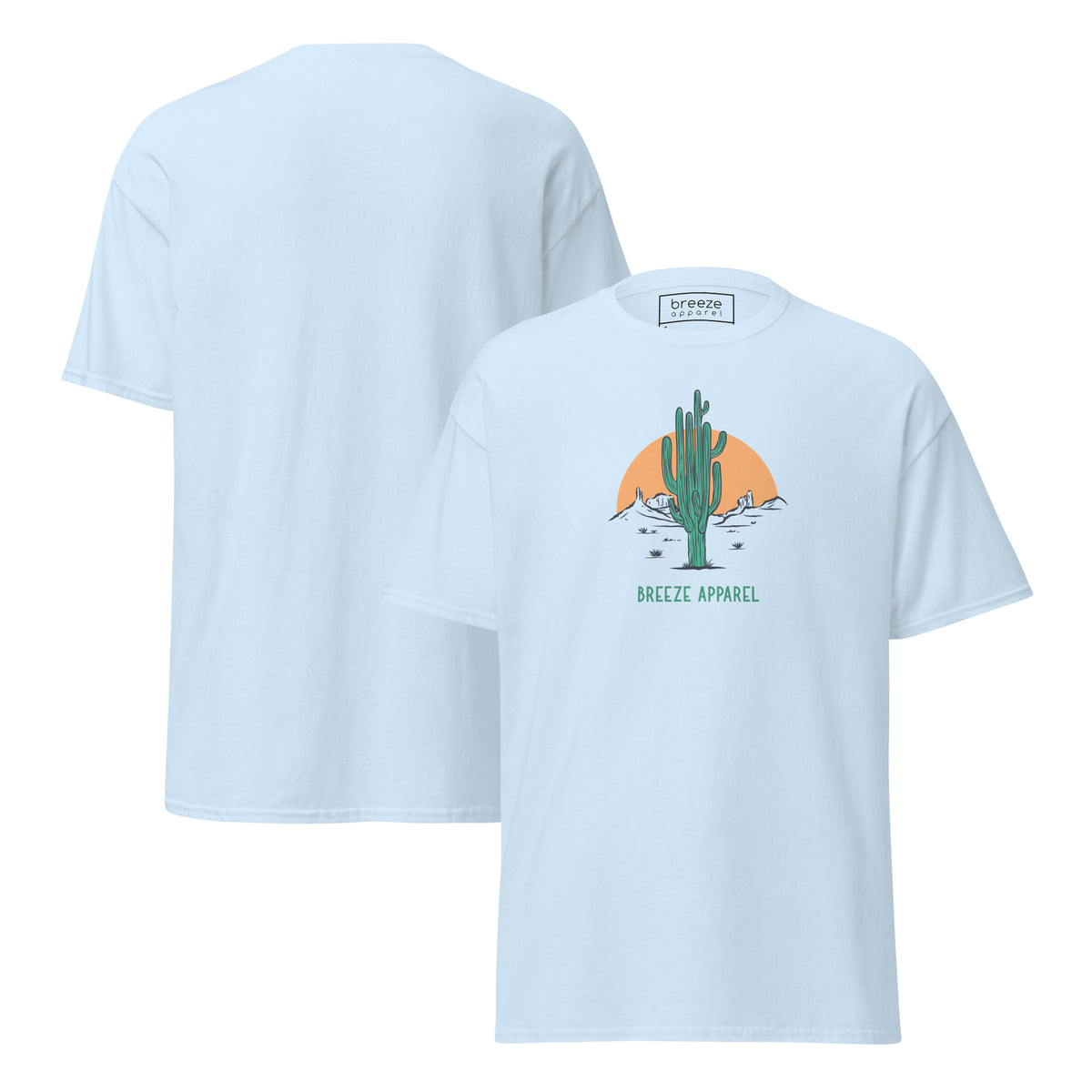 Light-blue t-shirt with a graphic of a cactus and sunset, with 'Breeze Apparel' written in green below. Plain backside also shown.