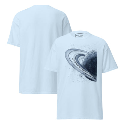 Light-blue t-shirt with graphic of blue planet. Plain back also shown.