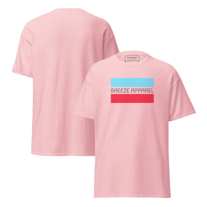 Pink t-shirt with gray 'Breeze Apparel' logo between horizontal bars, the top being light blue and the bottom being red. Plain backside also shown.