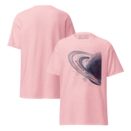 Pink t-shirt with graphic of blue planet. Plain back also shown.