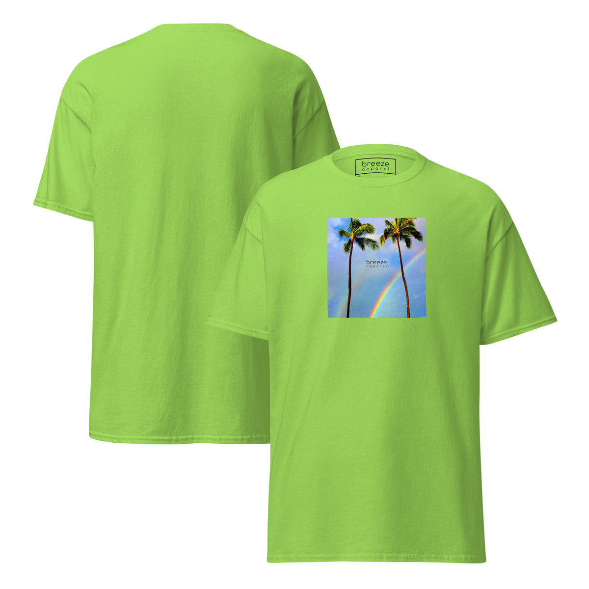 Lime-green t-shirt with a graphic of palm trees, rainbow, and a clear blue sky in the background. A small, black 'breeze apparel' logo is between the trees. Plain backside also shown.