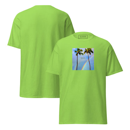 Lime-green t-shirt with a graphic of palm trees, rainbow, and a clear blue sky in the background. A small, black 'breeze apparel' logo is between the trees. Plain backside also shown.