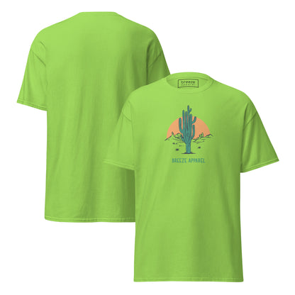 Lime-green t-shirt with a graphic of a cactus and sunset, with 'Breeze Apparel' written in green below. Plain backside also shown.
