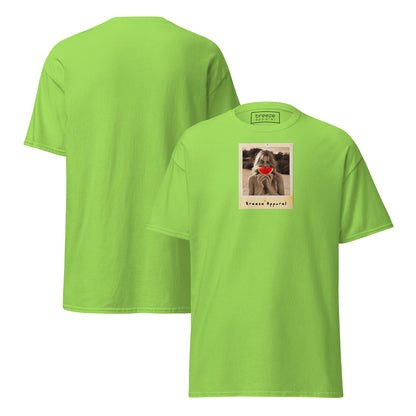 Lime-green t-shirt with graphic of woman holding a watermelon slice in front of her mouth. Plain back of shirt is also shown.