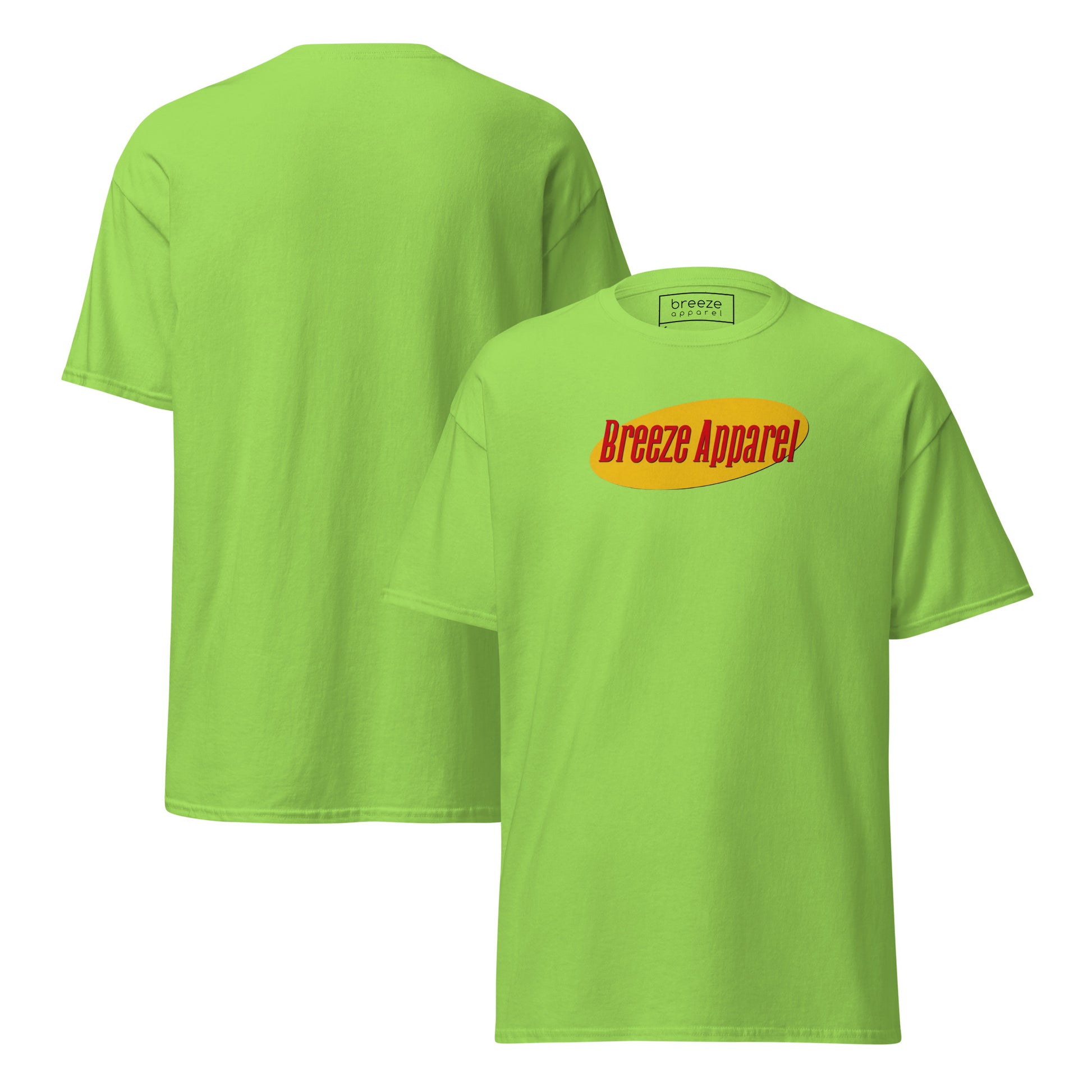 Green t-shirt with graphic of 'Breeze Apparel' in red lettering over a yellow oval. Plain back also shown.