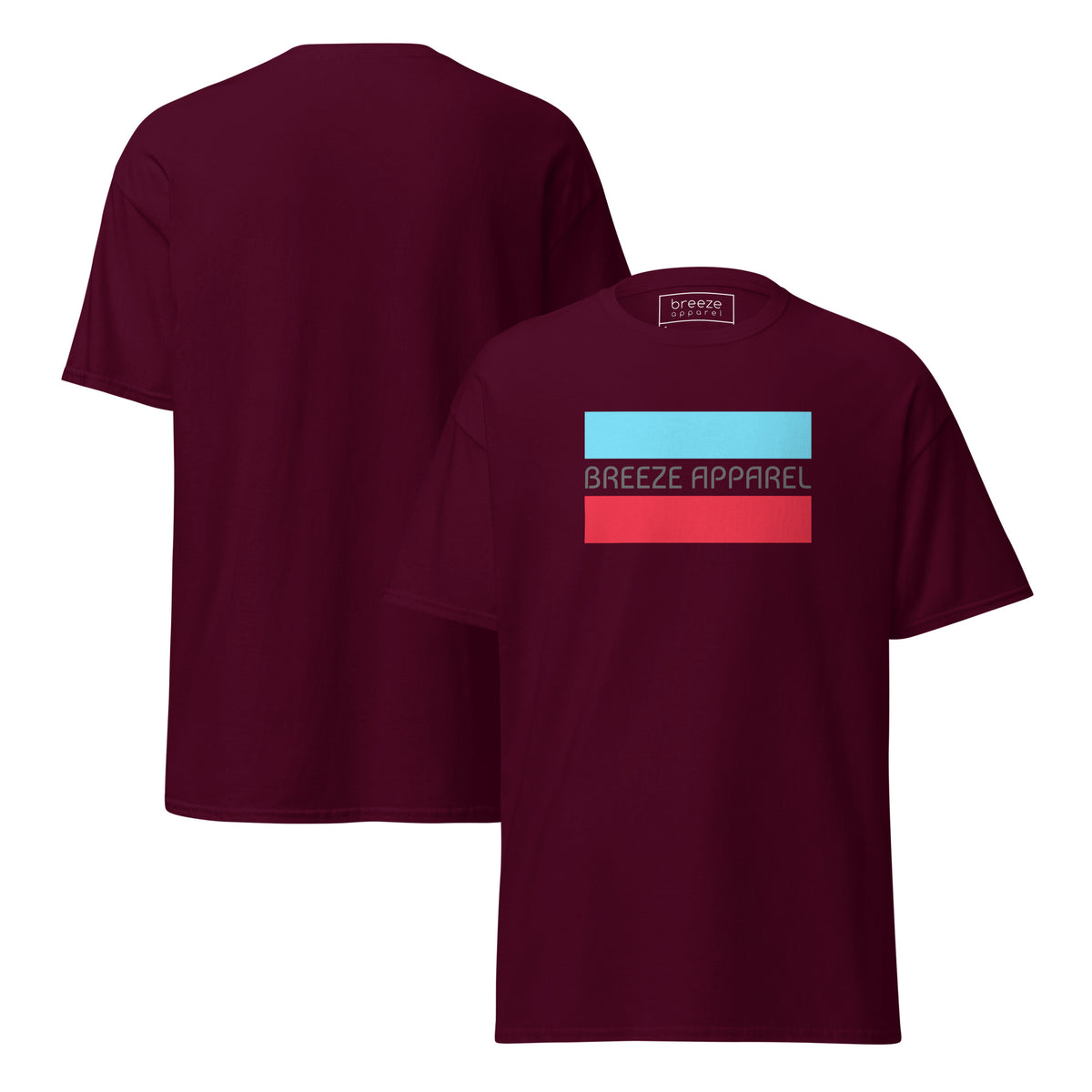 Maroon t-shirt with gray 'Breeze Apparel' logo between horizontal bars, the top being light blue and the bottom being red. Plain backside also shown.