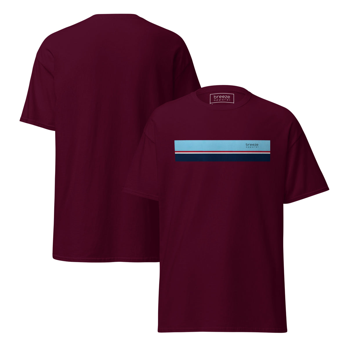 Maroon t-shirt with horizontal blue, red, white, and navy stripe with small black 'breeze apparel' logo. Plain backside also shown.
