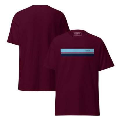Maroon t-shirt with horizontal blue, red, white, and navy stripe with small black 'breeze apparel' logo. Plain backside also shown.