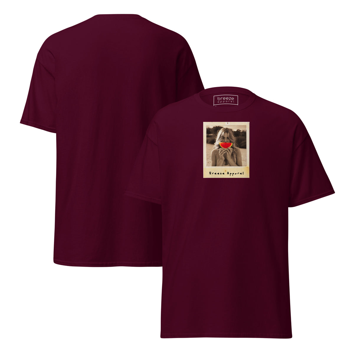 Maroon t-shirt with graphic of woman holding a watermelon slice in front of her mouth. Plain back of shirt is also shown.